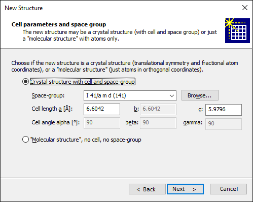 Screenshot of New Structure Assistant with cell parameters and space group of ZrSO4 template