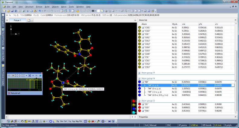 Screenshot of Diamond with atom list arranged by atom groups and sites