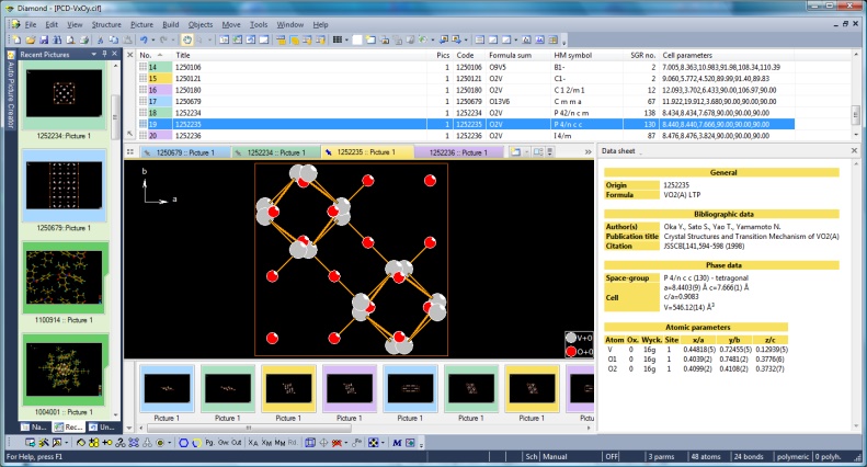 Screenshot of Diamond with binary V-O compounds from Pearson's Crystal Data and color coding activated