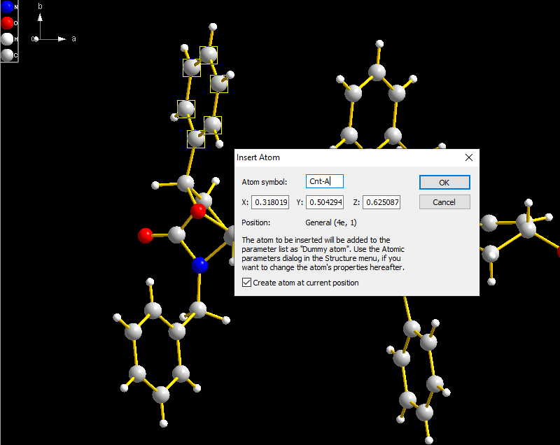 Two molecules with 6 C atoms selected and Insert Atom dialog called