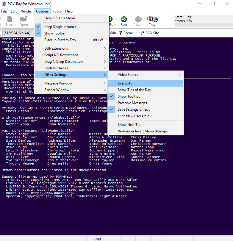 Screenshot of Options menu in POV-Ray application window