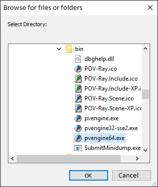 Screenshot of Browse for POV-Ray engine executable dialog