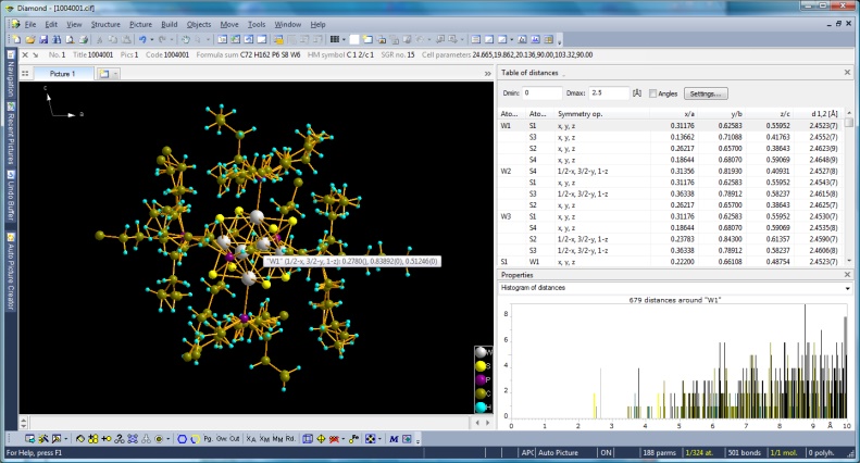 Screenshot of Diamond with distances and angles table and histogram property and central atom selected in structure picture